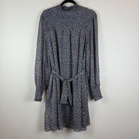 Boden Smocked Yoke Mini Dress Women's 20 Blue Pleated Tie Belt Cuff Sleeve Boho - Picture 1 of 10